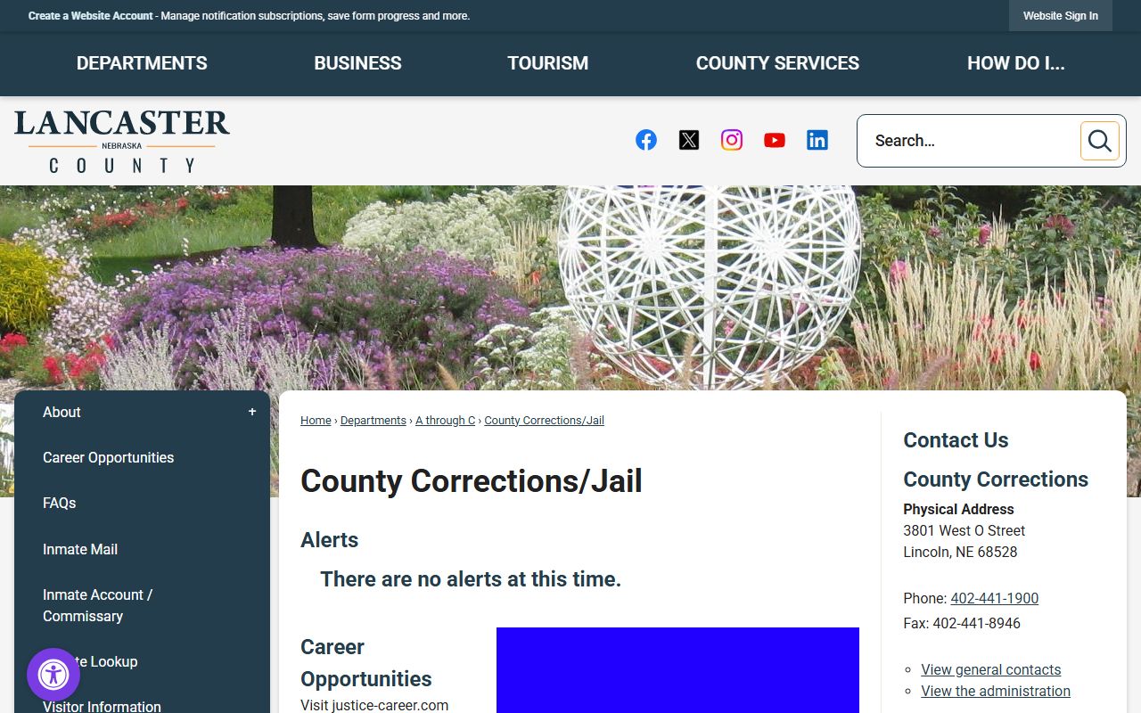 Lancaster County Corrections and Jail official page screenshot